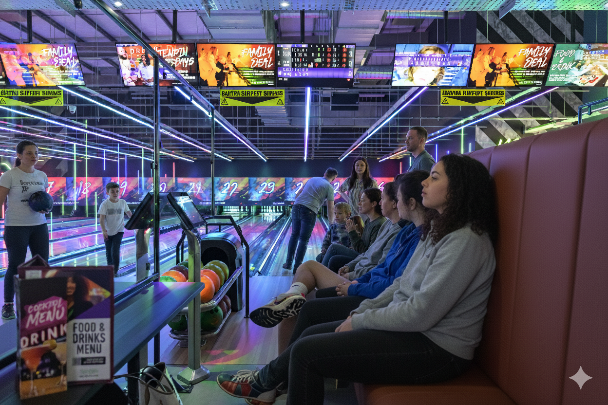 Tenpin bowling lanes lit up at night