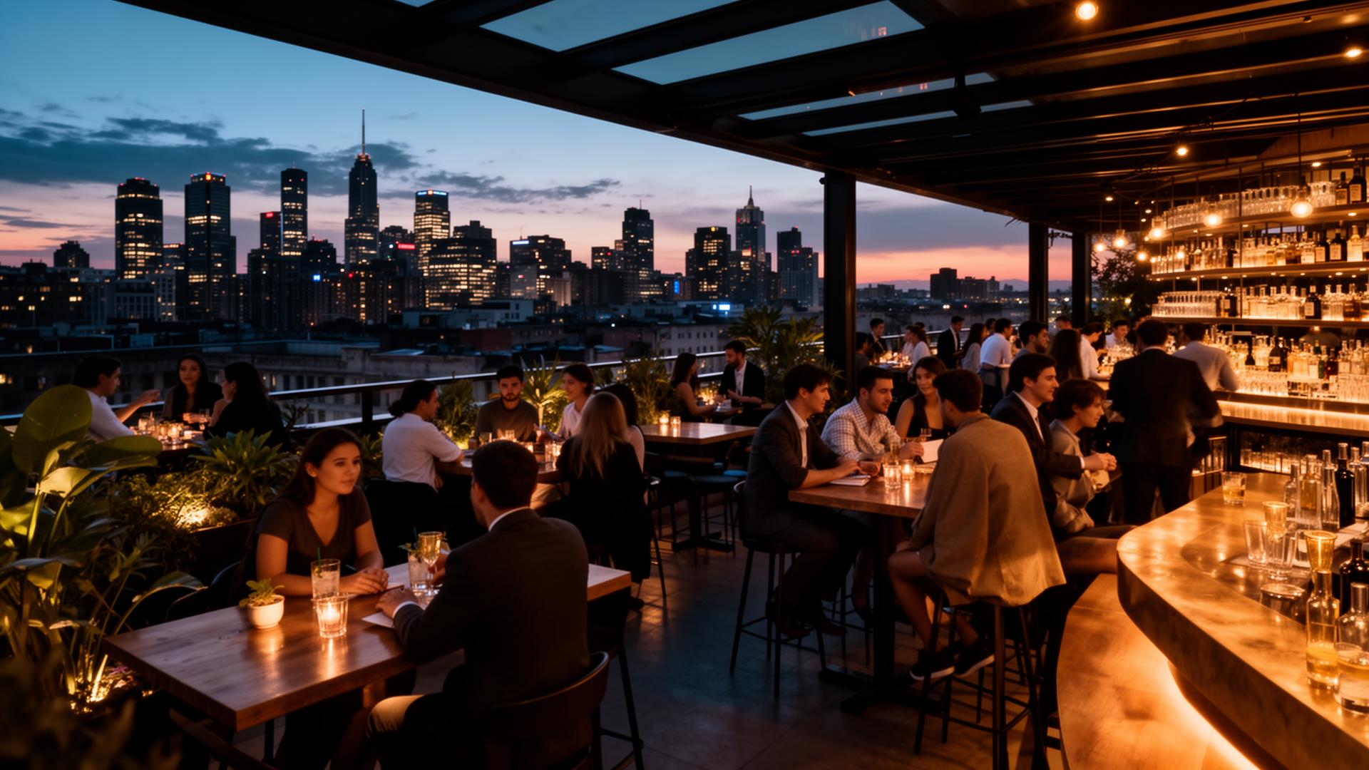 Rooftop bar at dusk with city skyline