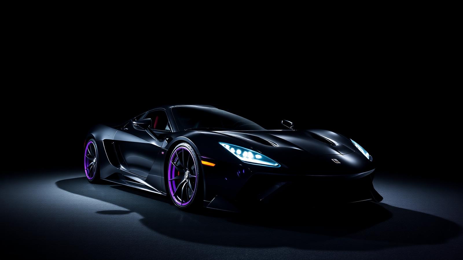 Luxury sports car in studio with purple rim lighting